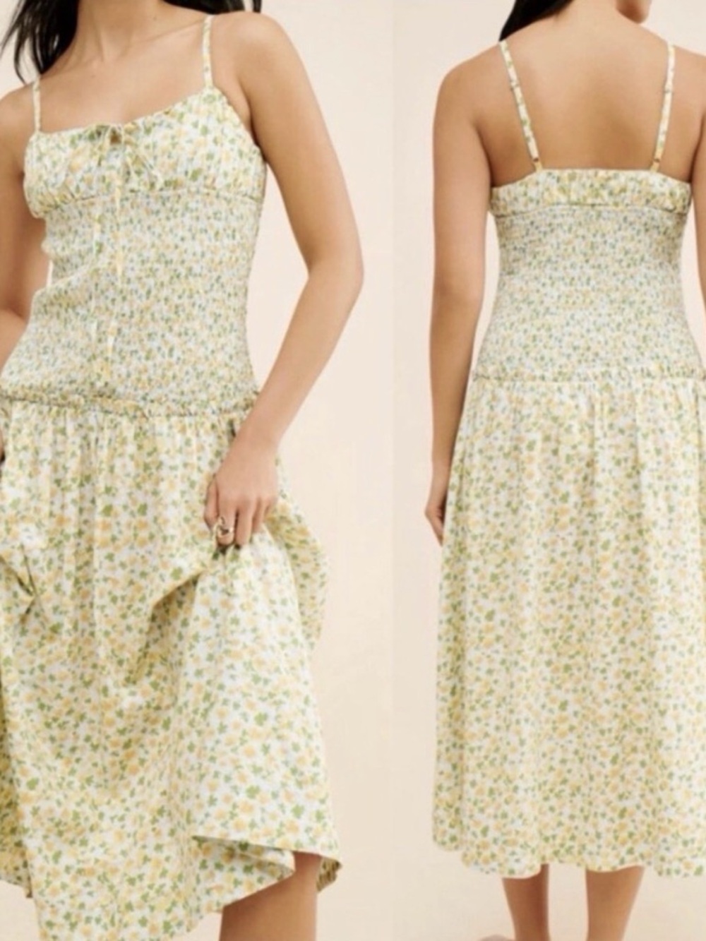 Free People Lavender Daze Midi Dress Green Yellow Floral Smocked Sleeveless M